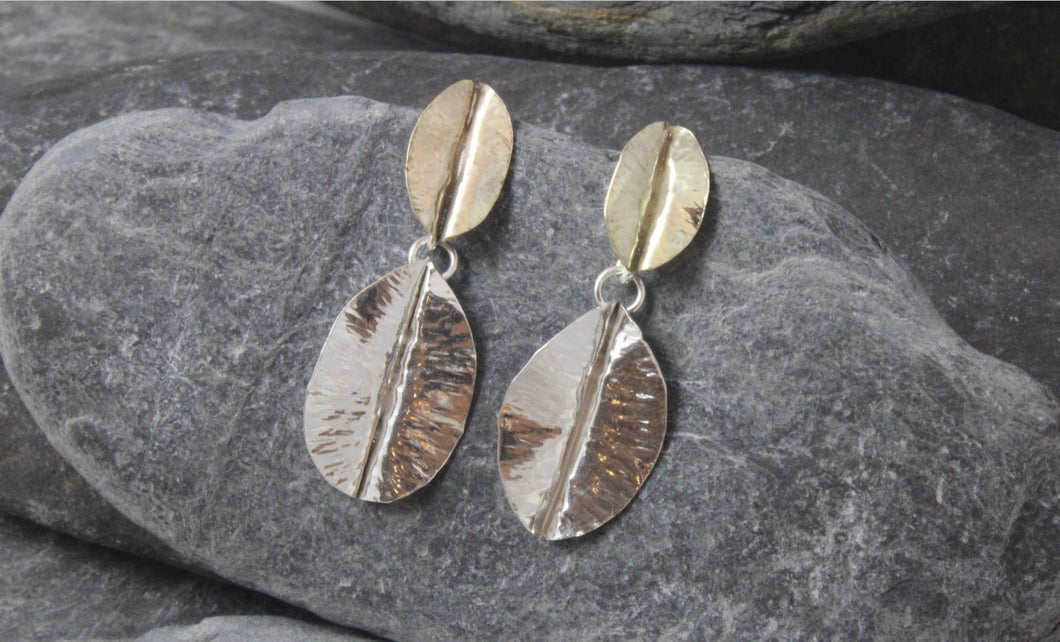9ct Gold and Silver Leaf drop earrings