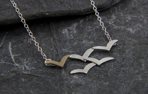 Soaring High Flock of Gulls 9ct Gold and Sterling Stilver Necklace