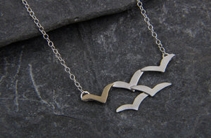 Soaring High Flock of Gulls 9ct Gold and Sterling Stilver Necklace