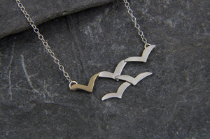 Soaring High Flock of Gulls 9ct Gold and Sterling Stilver Necklace