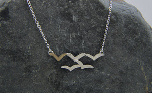 Soaring High Flock of Gulls 9ct Gold and Sterling Stilver Necklace